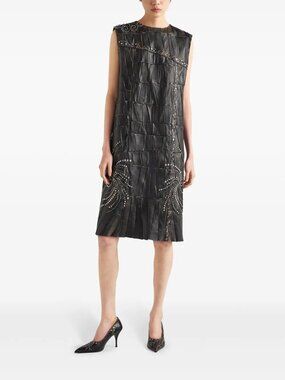 Prada Nappa Leather Patchwork Embellished Midi Shift Dress Black IT 40 US 4 NWT